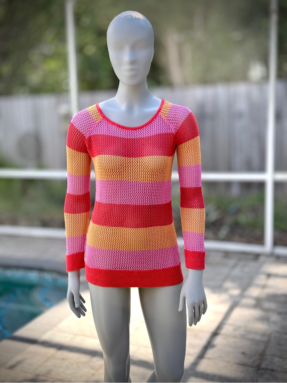 Boston Proper Striped Open-Knit Scoop Neck Sweater in Pink, Red & Orange Small